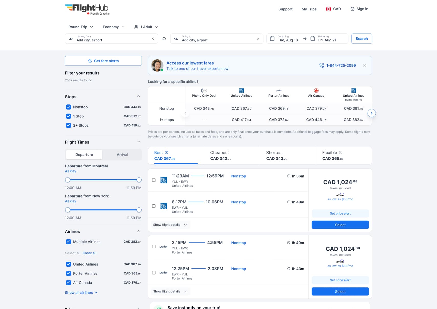 FlightHub Flights experience built on the shared design system