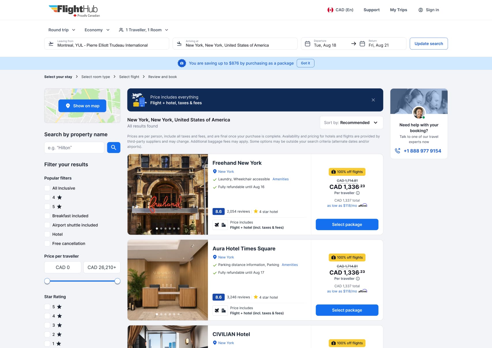 FlightHub Hotels experience built on the shared design system