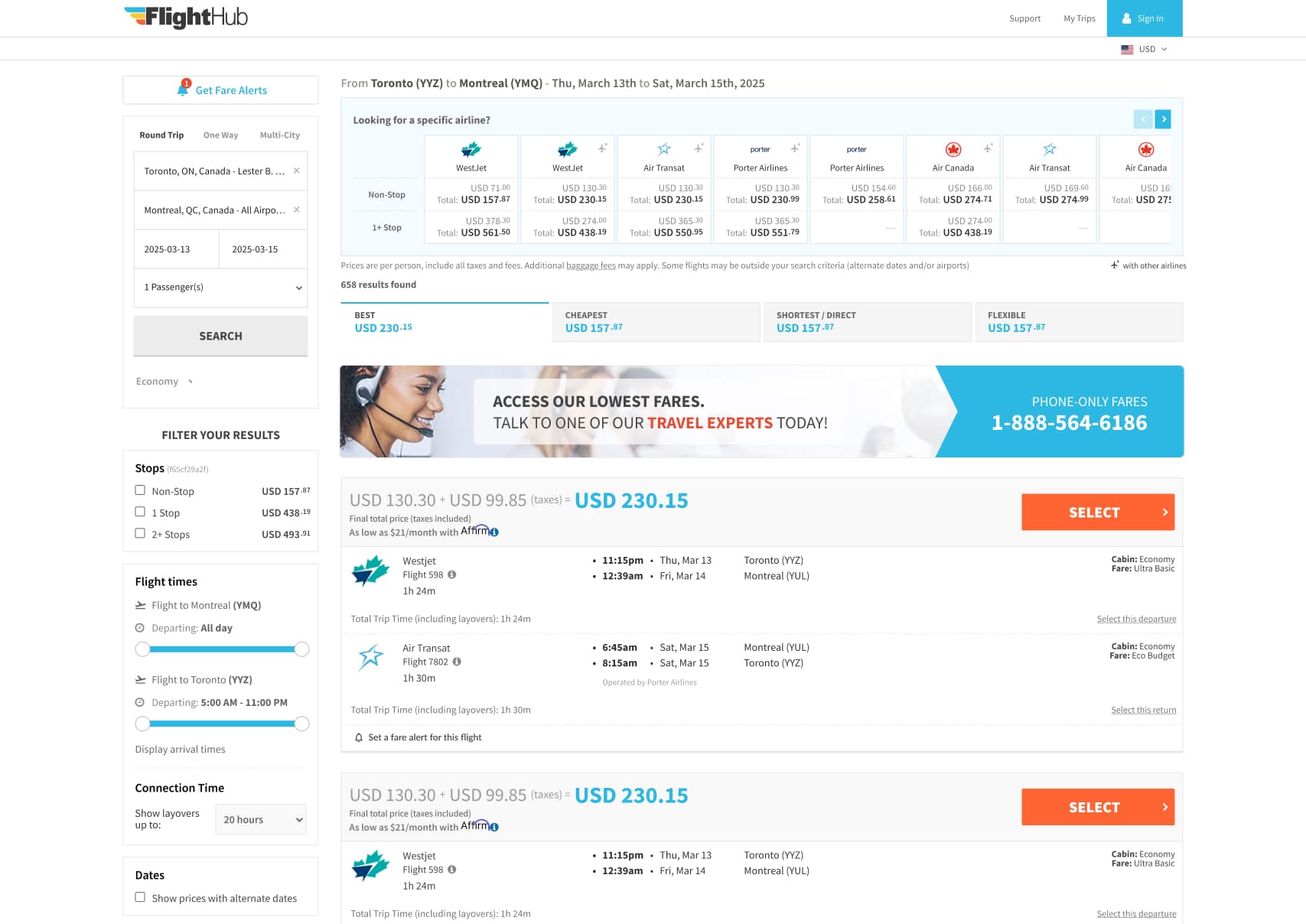 FlightHub Flights experience before the design system