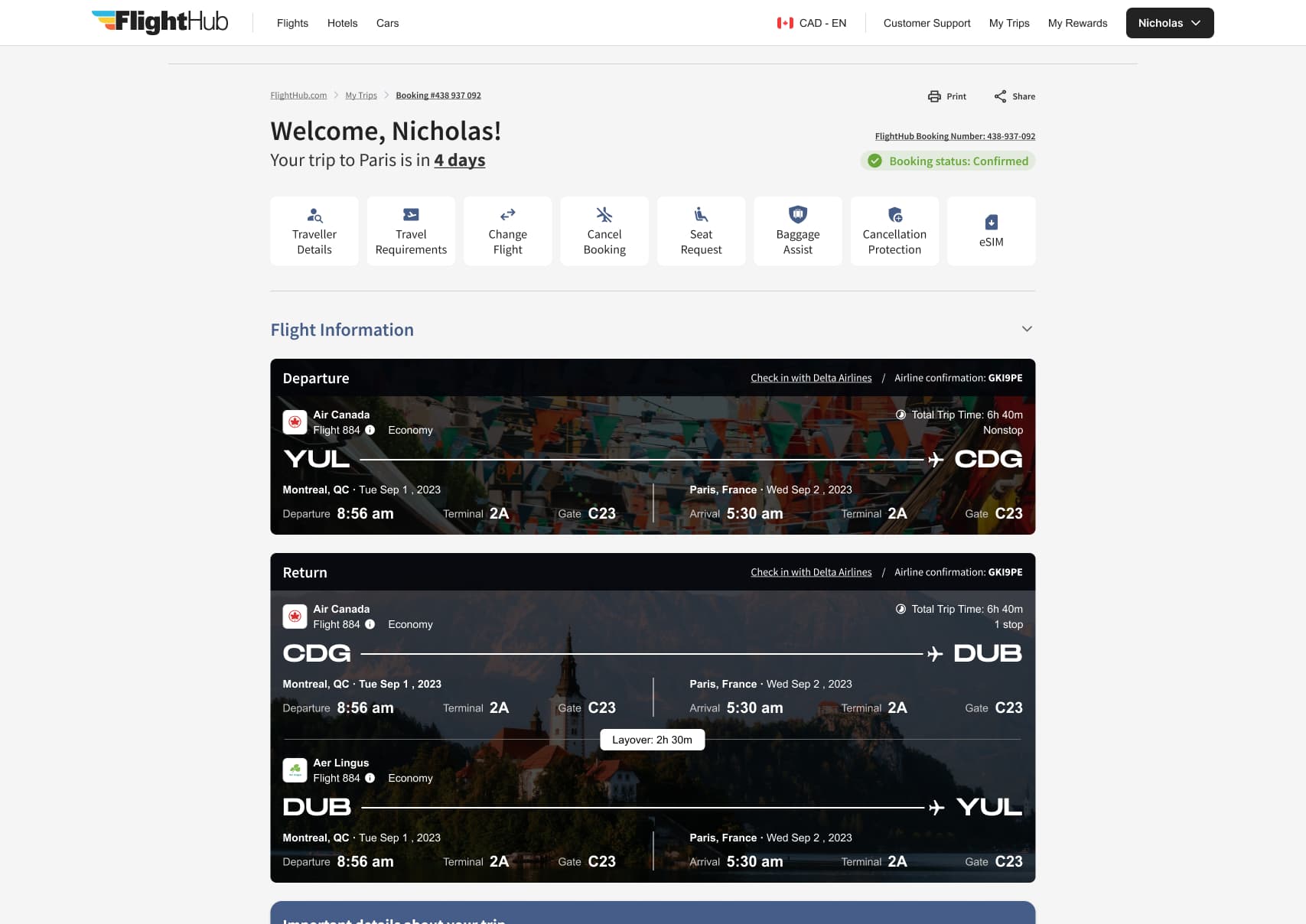 FlightHub My Trips experience before the design system