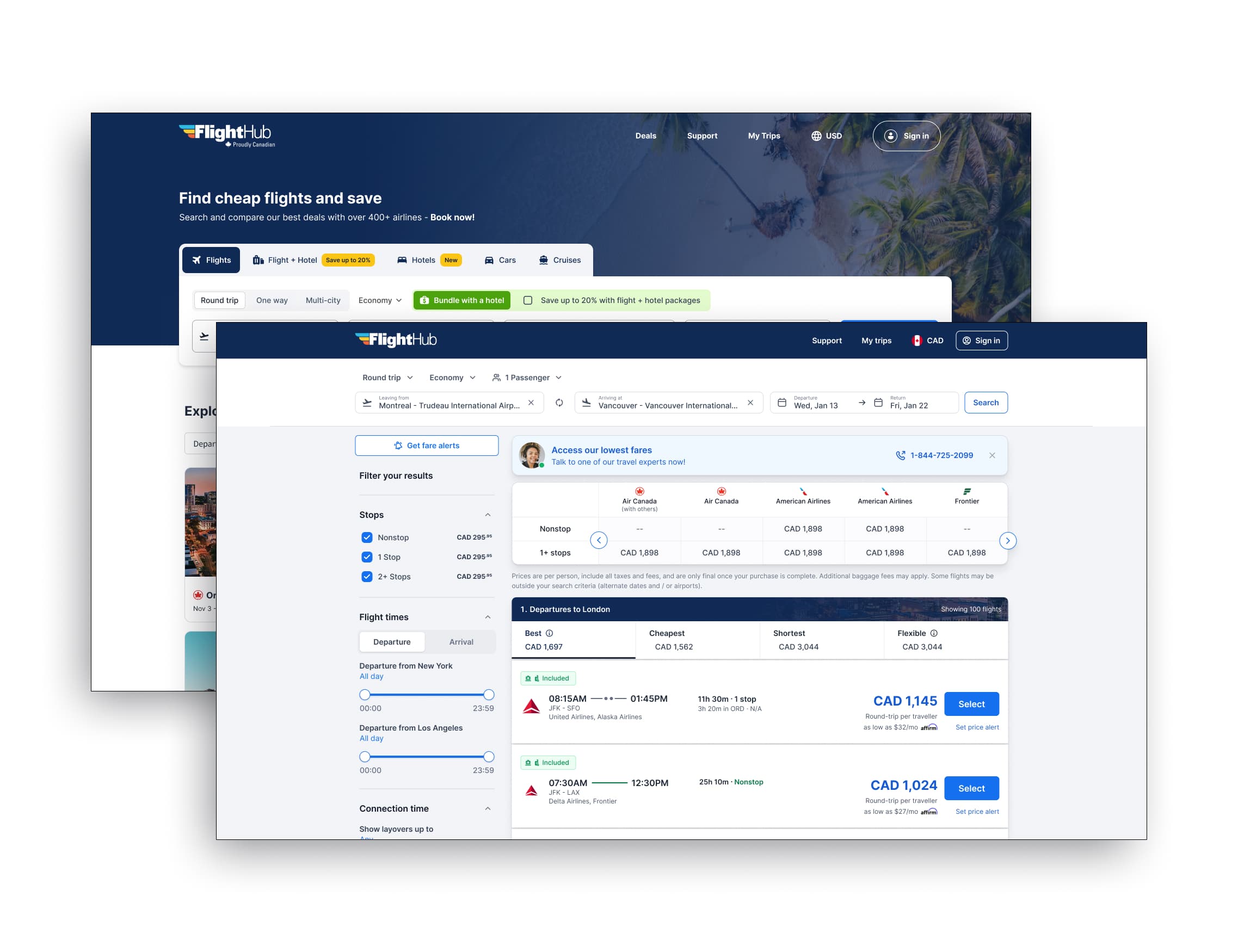 FlightHub flight-results experience in the proposed calmer, blue visual direction
