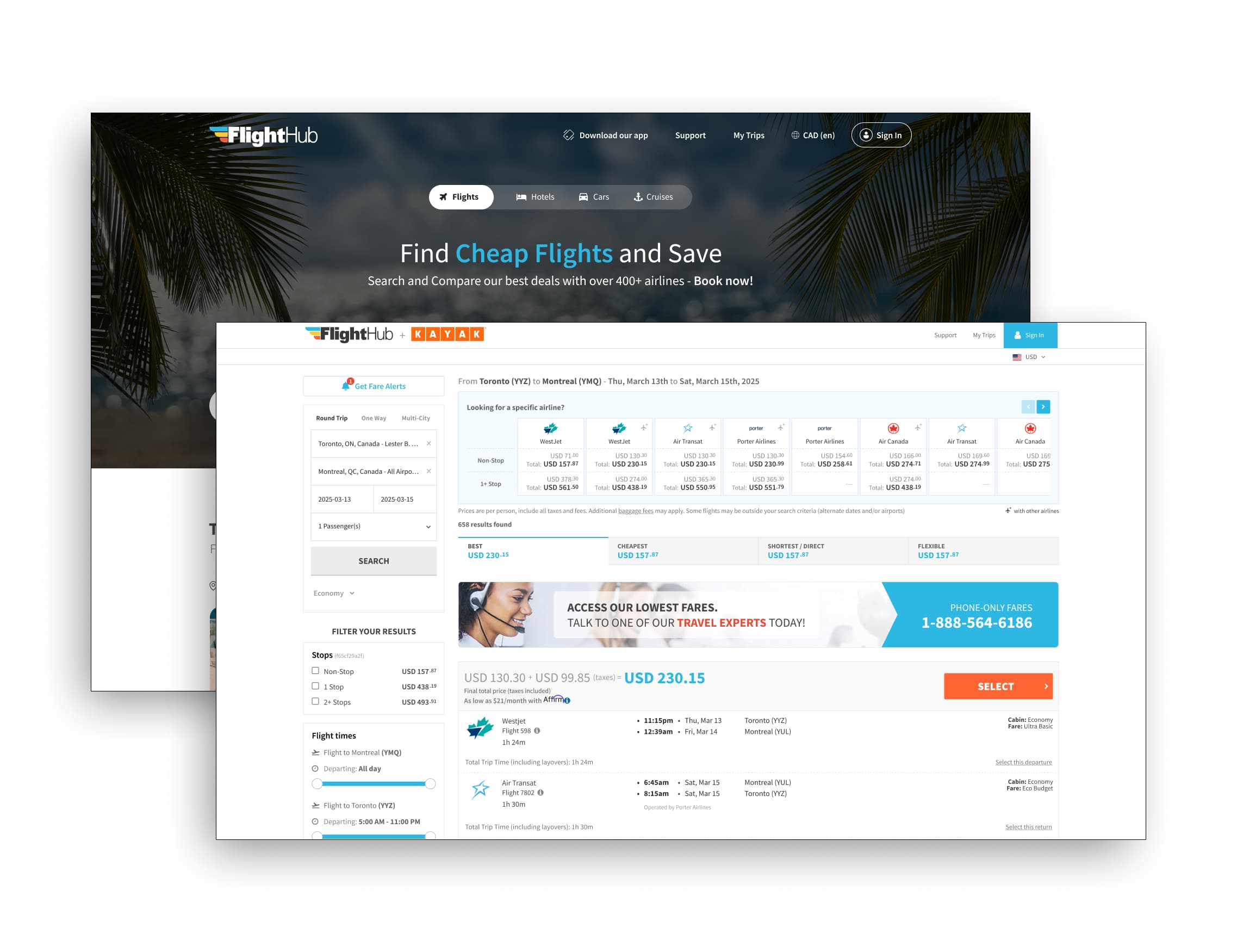 FlightHub flight-results experience in the existing orange visual direction, co-branded with KAYAK