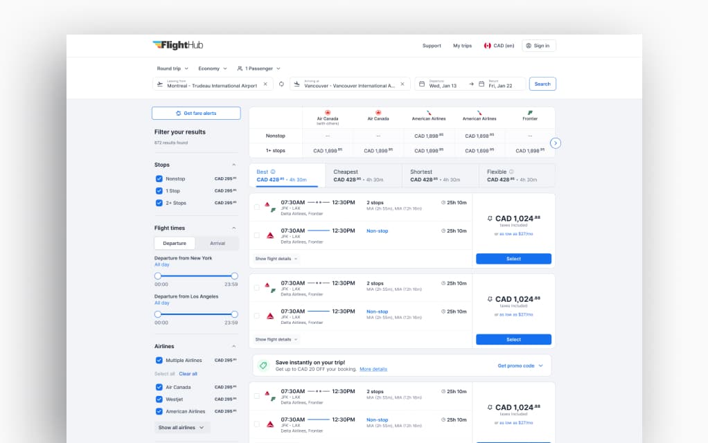 The full FlightHub flight-results experience