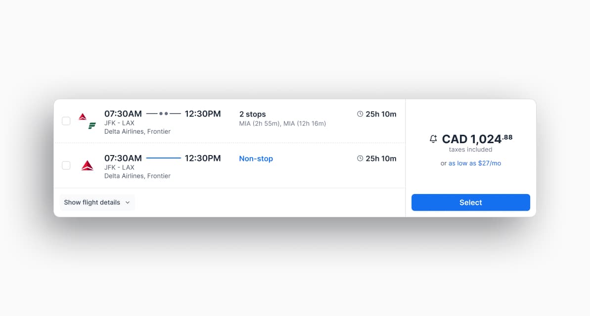 A FlightHub flight-result card with times, stops, price, and a select action