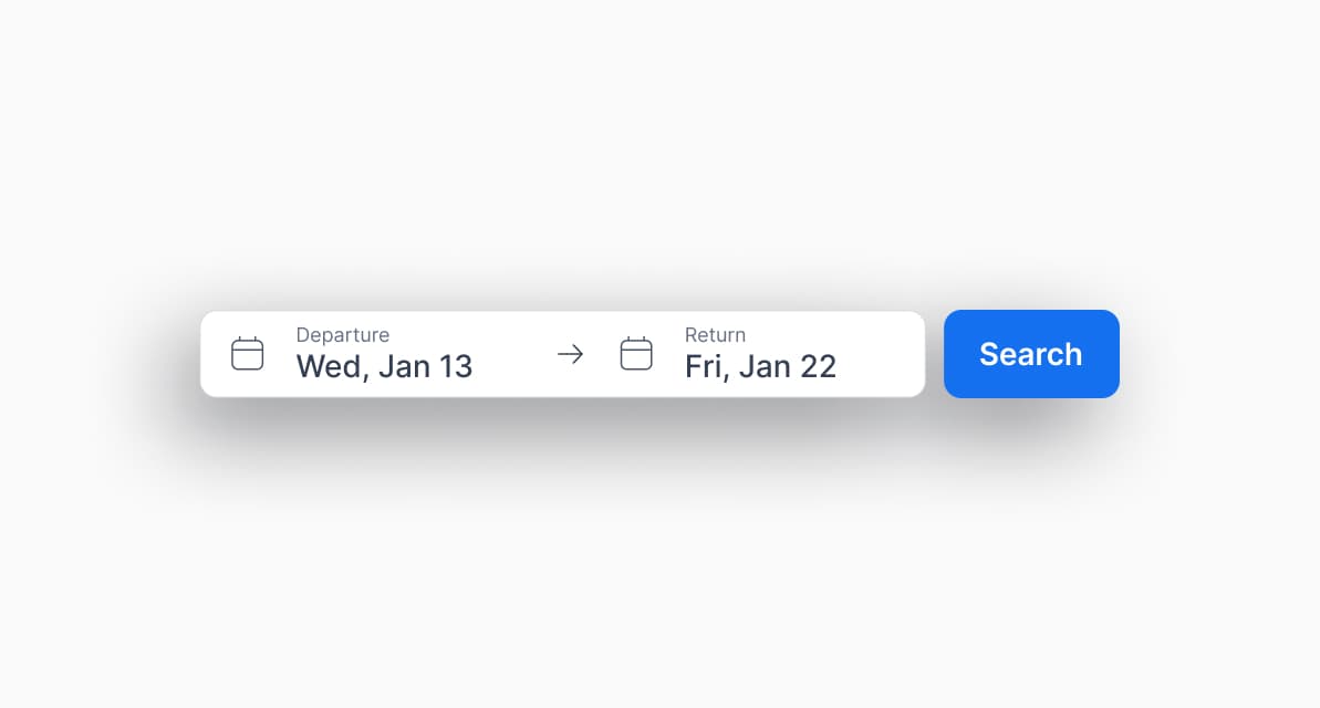 A FlightHub date search form with departure and return fields and a search button