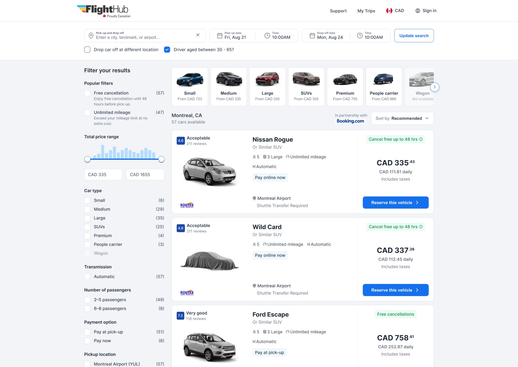 A FlightHub Cars search-results screen of the kind discussed in a design review