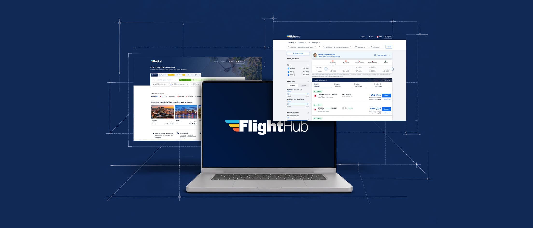 Collage of FlightHub's Flight Search and results experiences on a laptop and floating screens, over a blueprint-style background