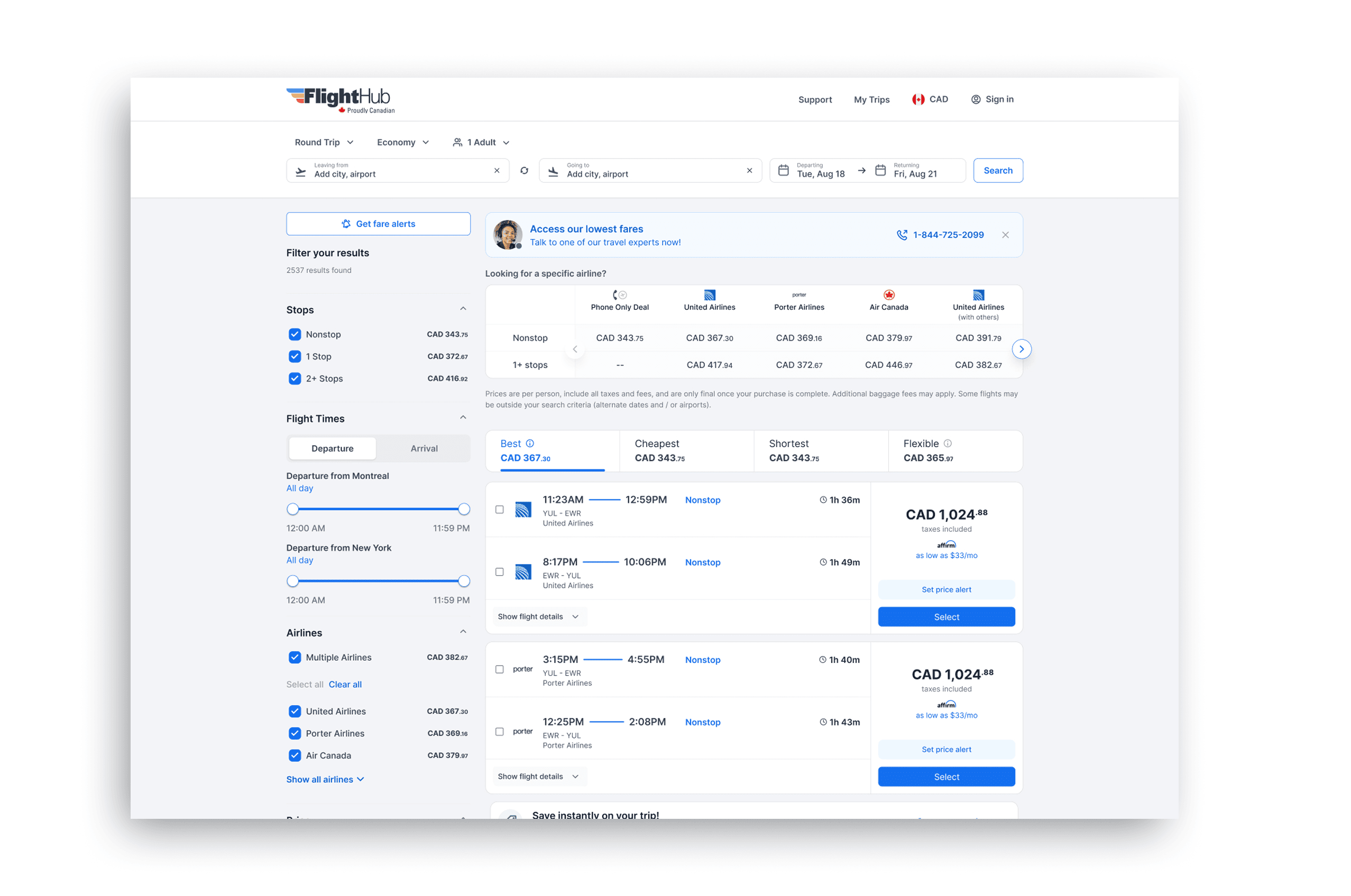 The redesigned FlightHub Flight Search experience