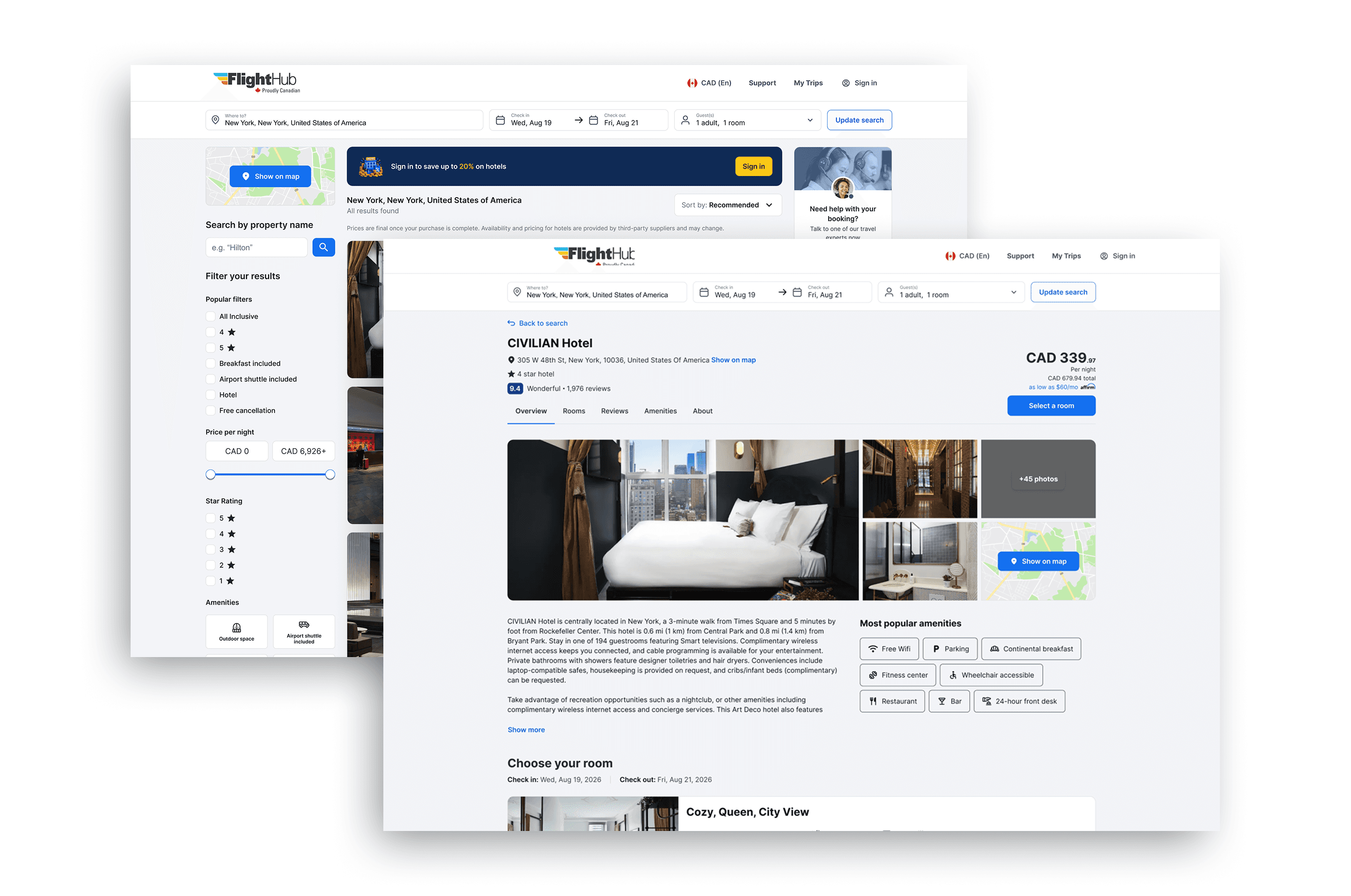 The FlightHub Hotels Search or Hotel Details experience