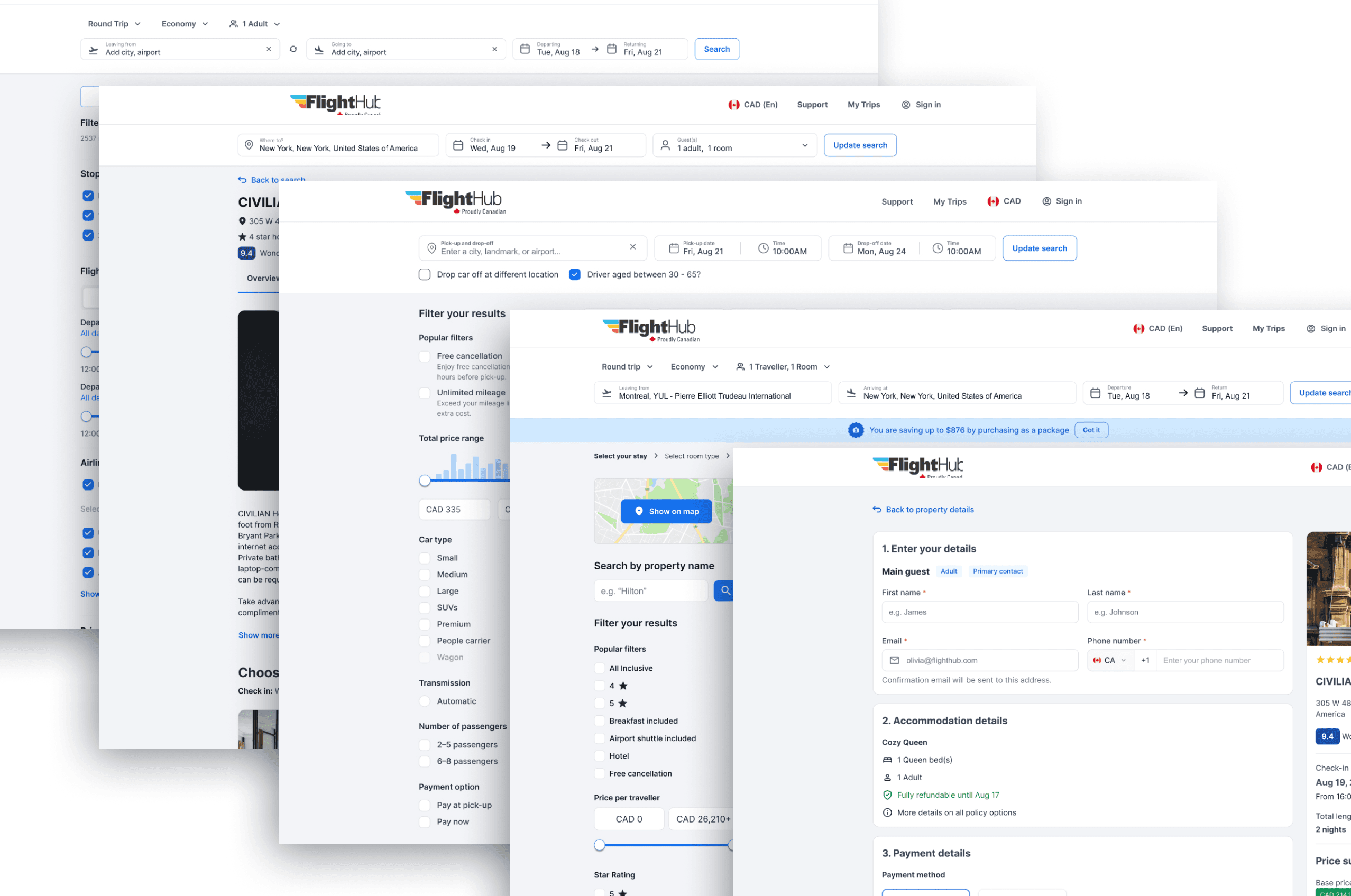 A collage of FlightHub Flights, Hotels, Cars, Packages, and Checkout experiences in production